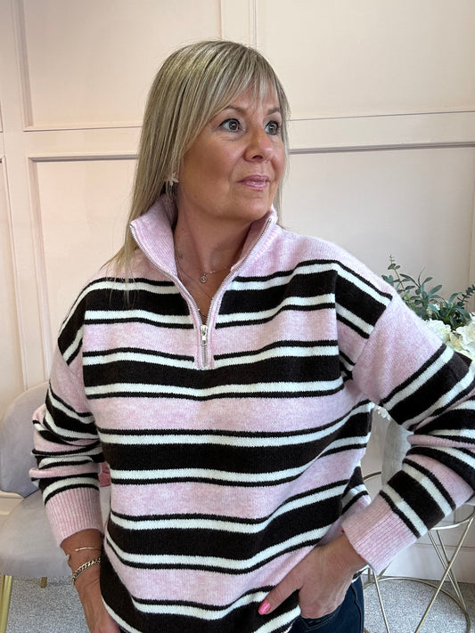 Striped Zip Jumper - Pink/Cream/Brown - Wardrobe By Simone