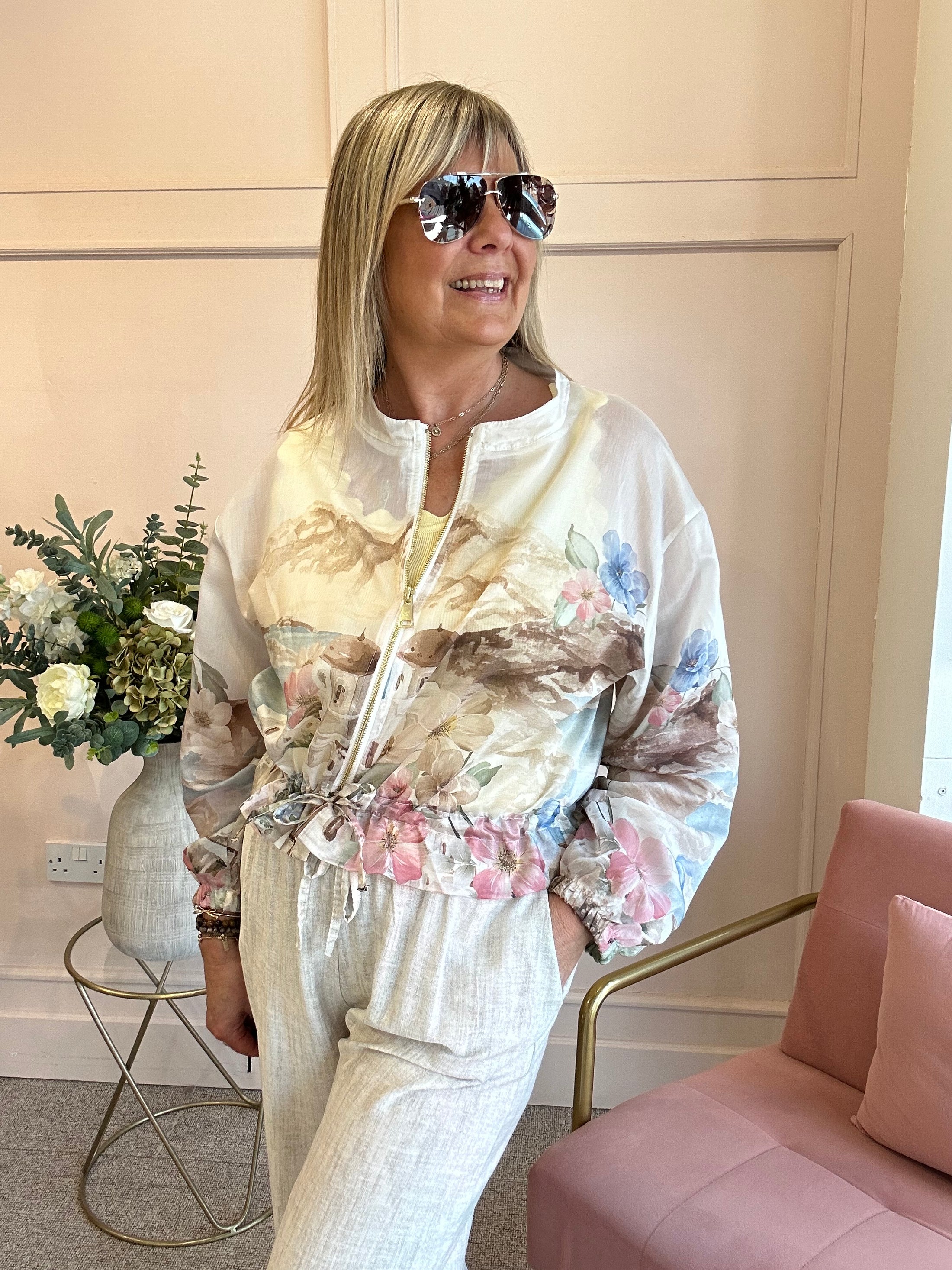 Santorini In Bloom Zip Jacket - Cream/Browns