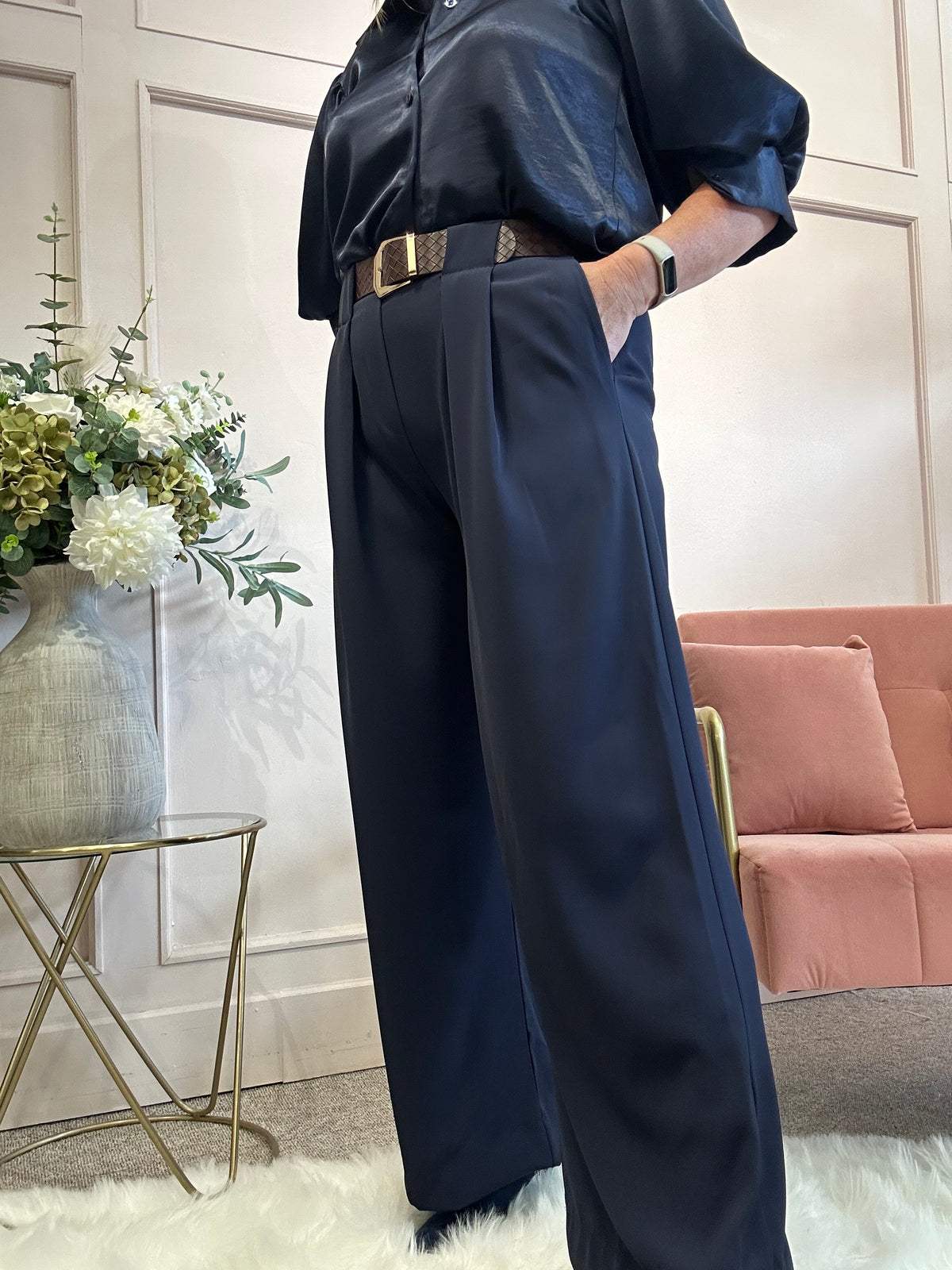 Stylish Belted Pant - Navy
