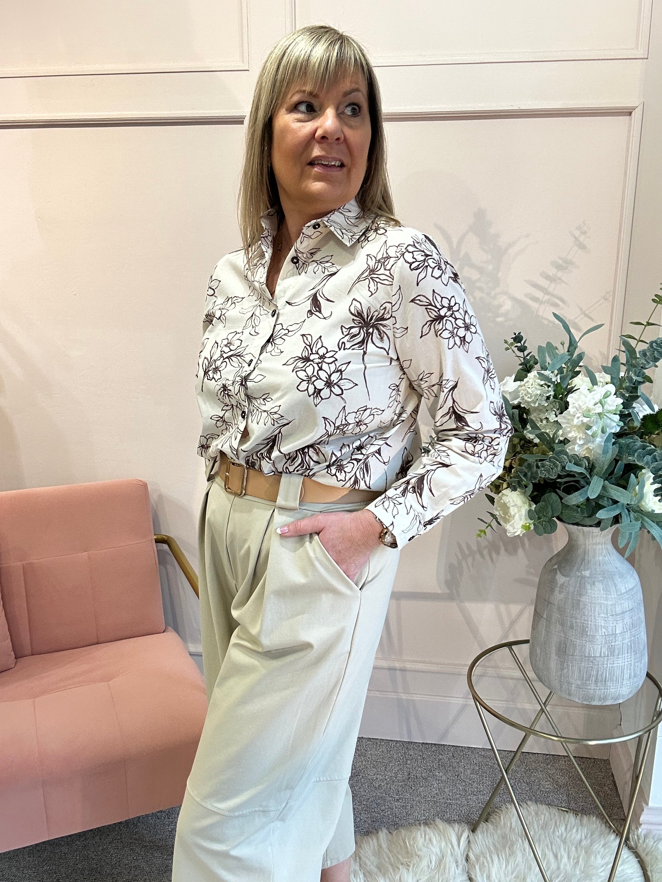 Sketchy Flower Pattern Shirt - Cream/Brown - Wardrobe By Simone