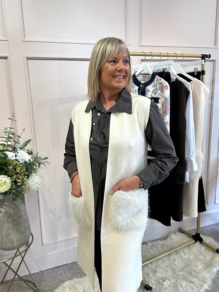 Fluffy Pocketed Long Waistcoat - Cream