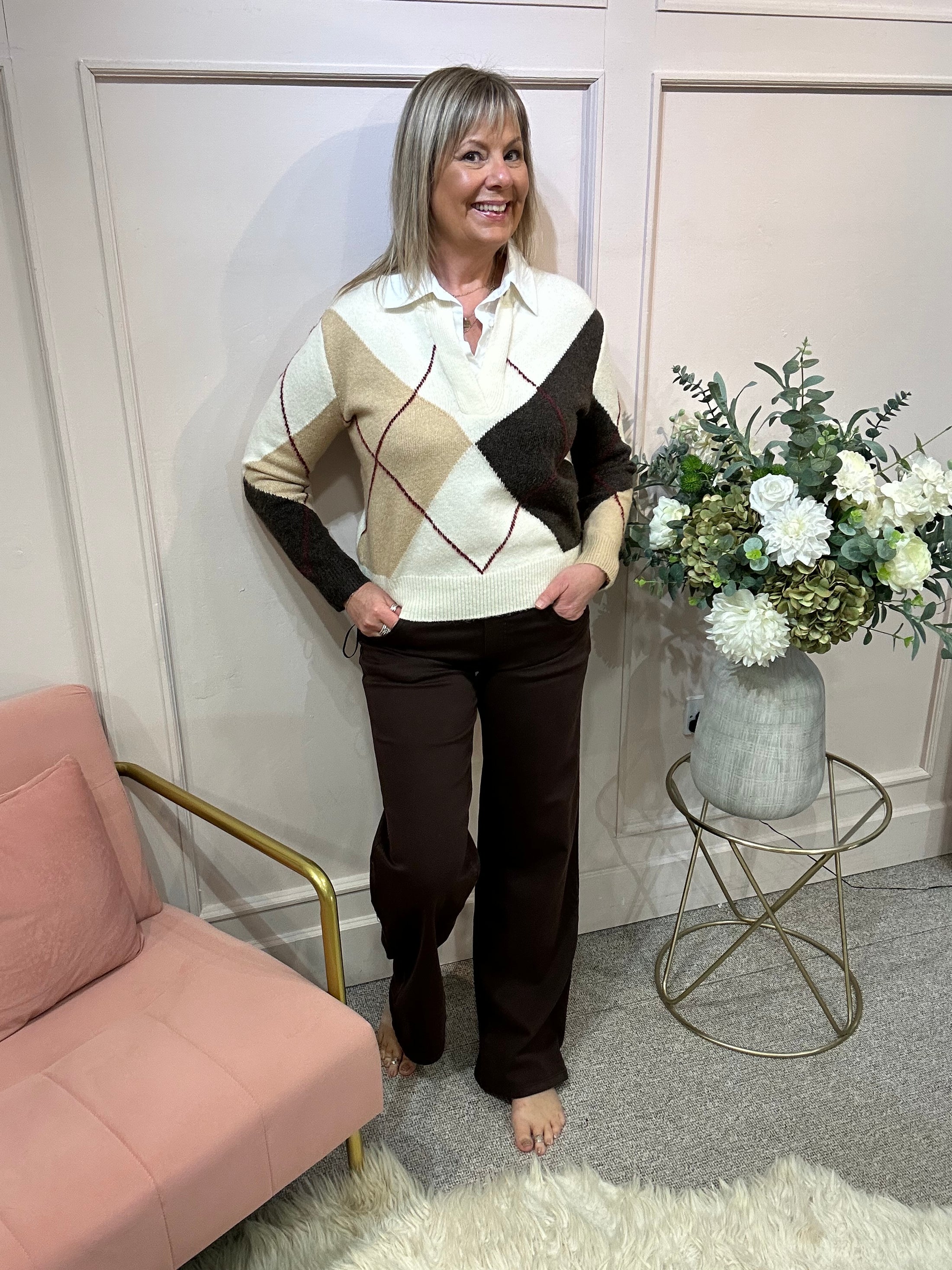 White Shirt Diamond Jumper - Cream/Brown