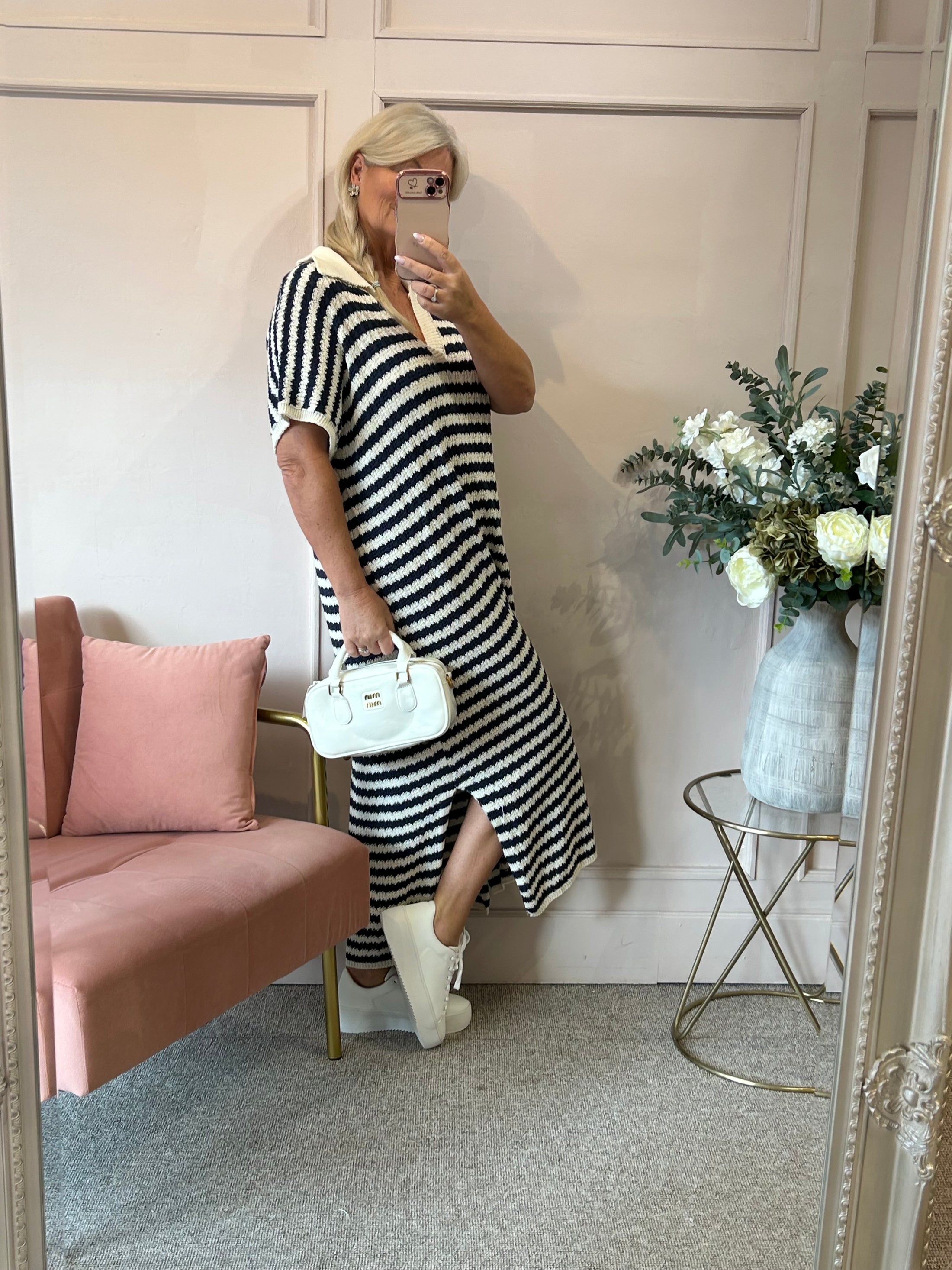 Striped Long Knitted Dress- Cream/Navy - Wardrobe By Simone