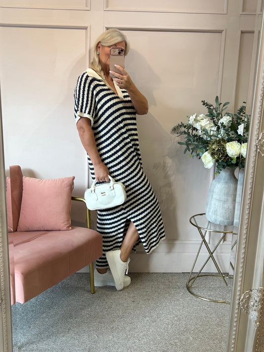 Striped Long Knitted Dress- Cream/Navy - Wardrobe By Simone