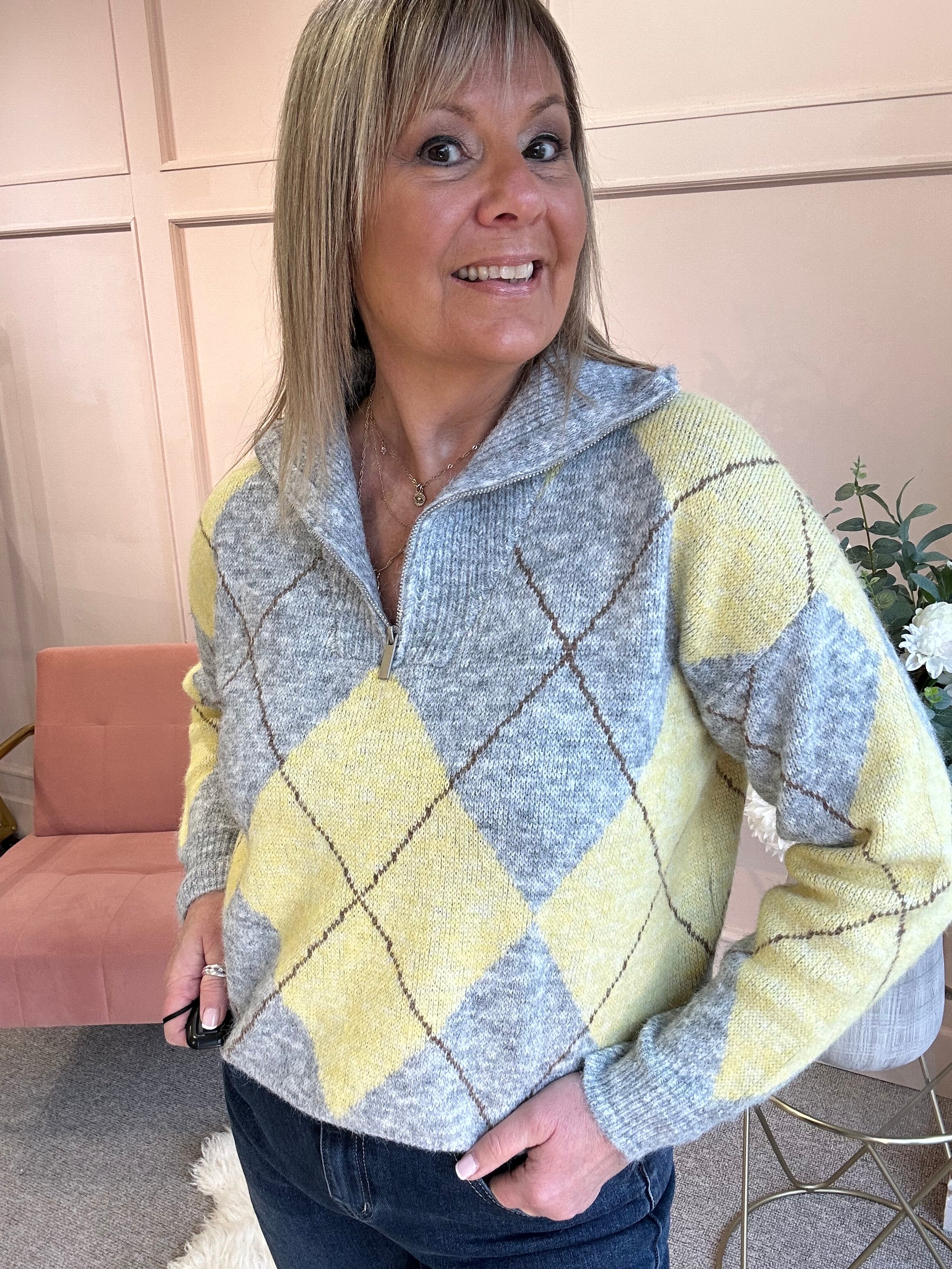 Diamond Pattern Zip Jumper - Grey/Lemon