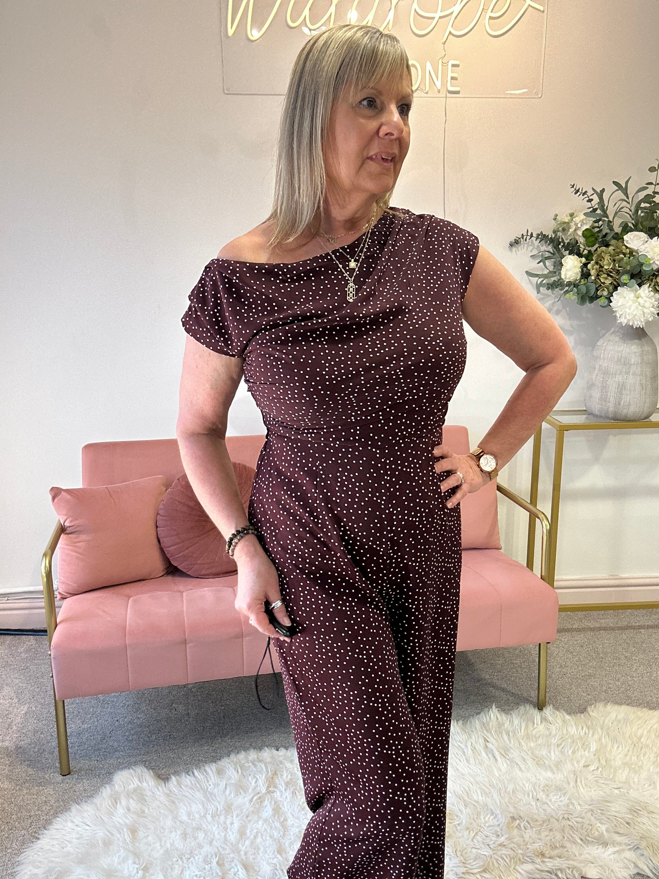 Asymmetric Neckline Jumpsuit - Brown/Cream