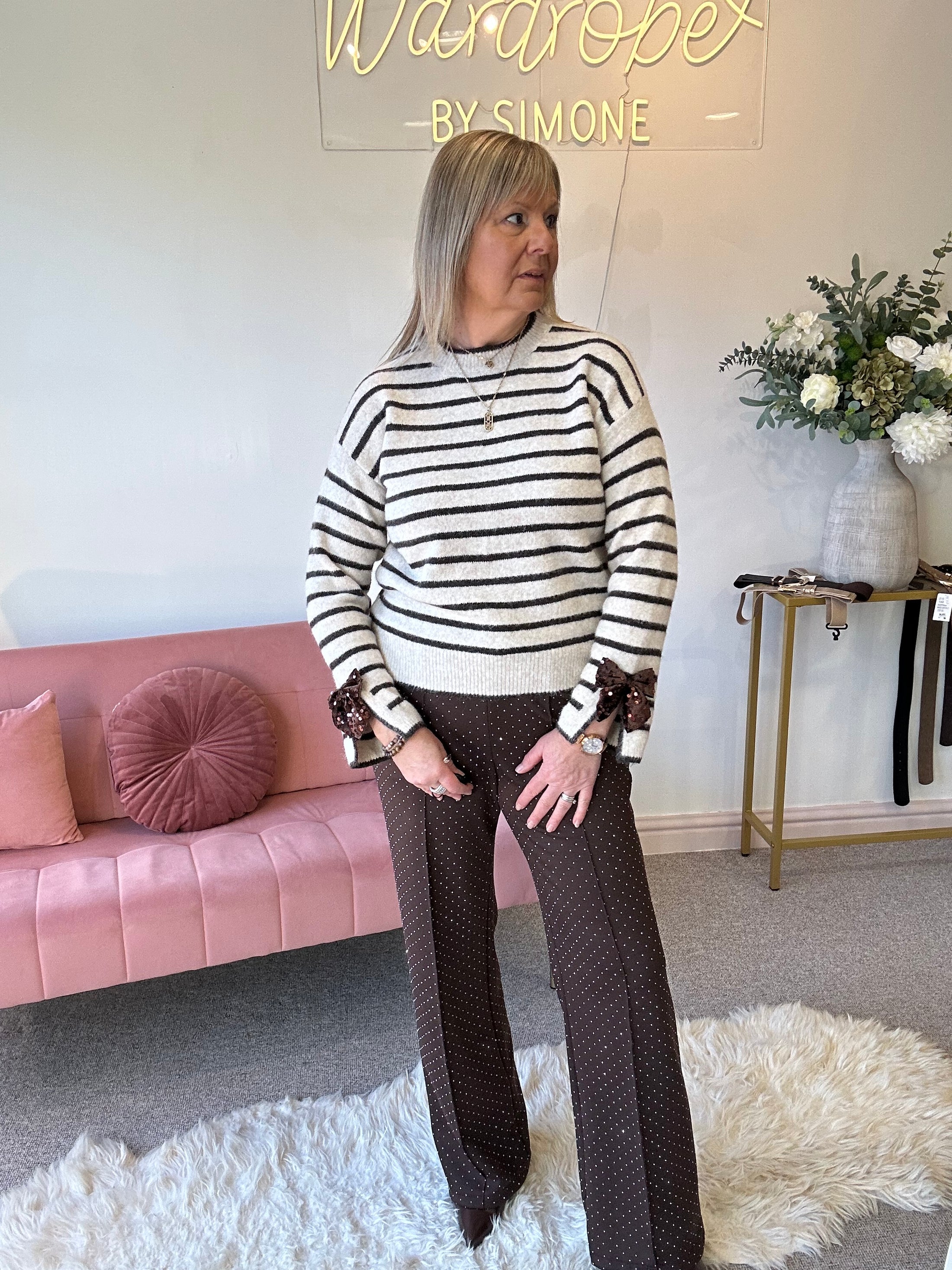 Sequin Bow Detail Stripe jumper -  Cream/Brown