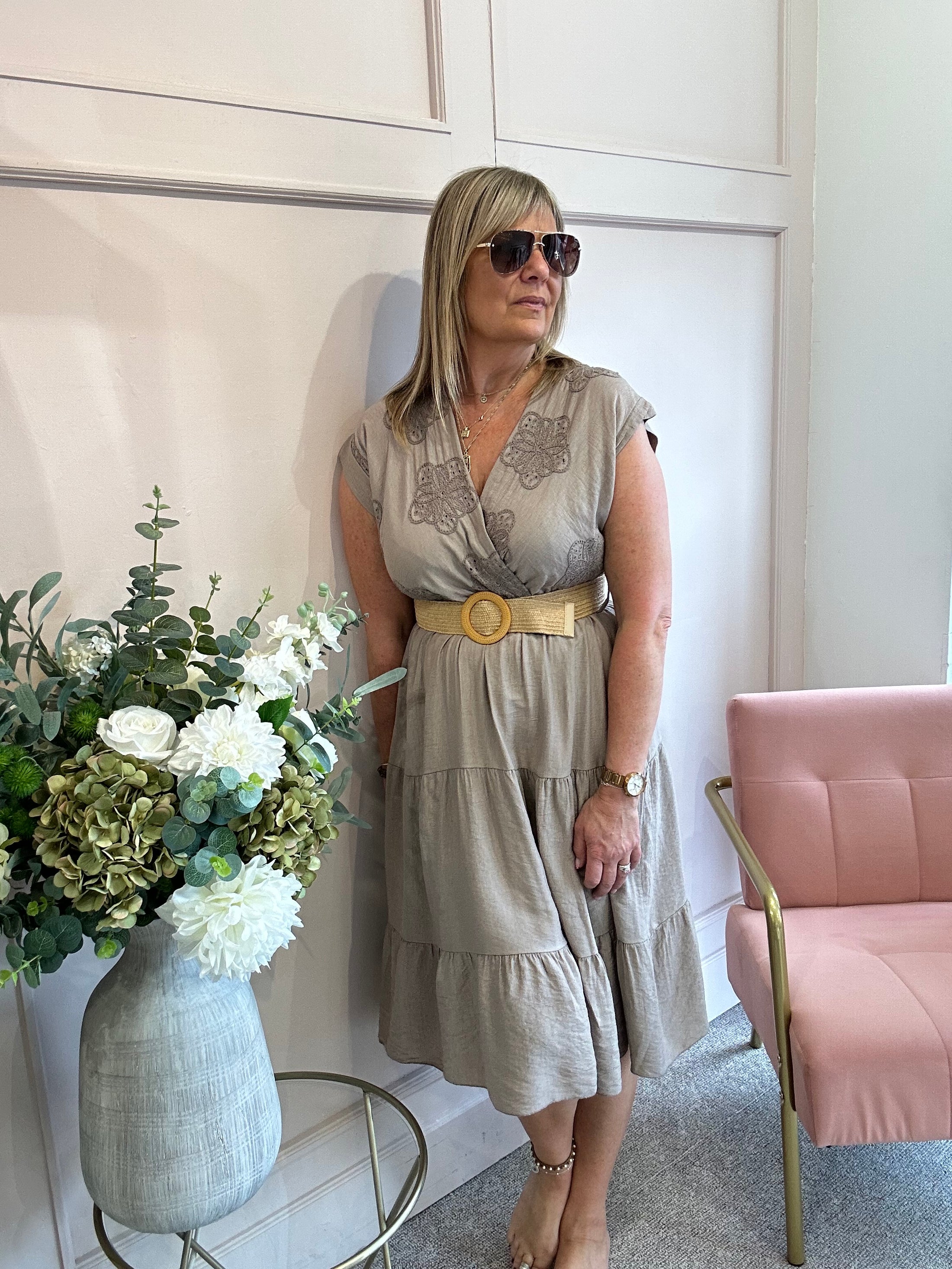 Flower Detail Belted Midi Dress - Latte