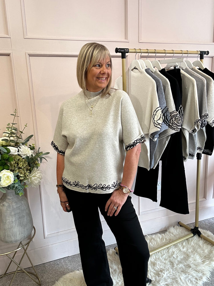 Embroidered Leaf Detail Jumper - Oatmeal