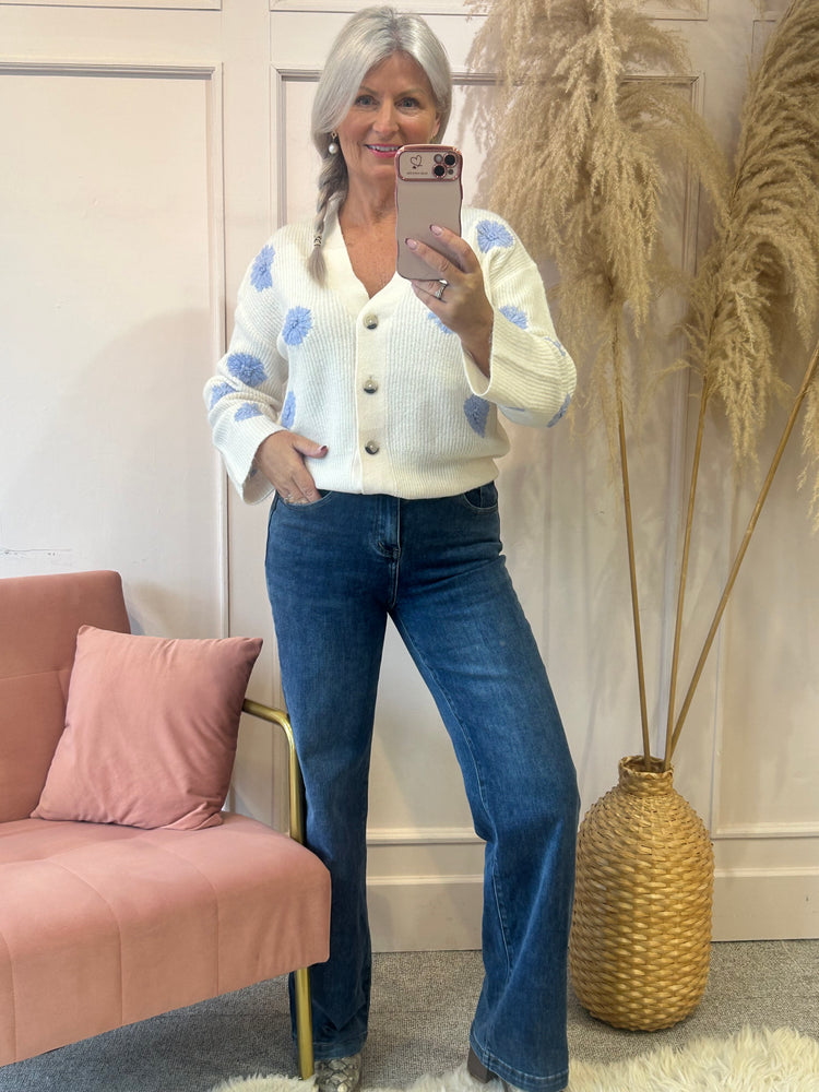 Buttoned Flowered Cardigan - Cream/ Powder Blue