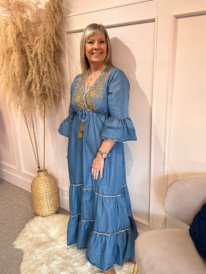 Boho Embroidered Maxi Dress - Mid Blue - Wardrobe By Simone