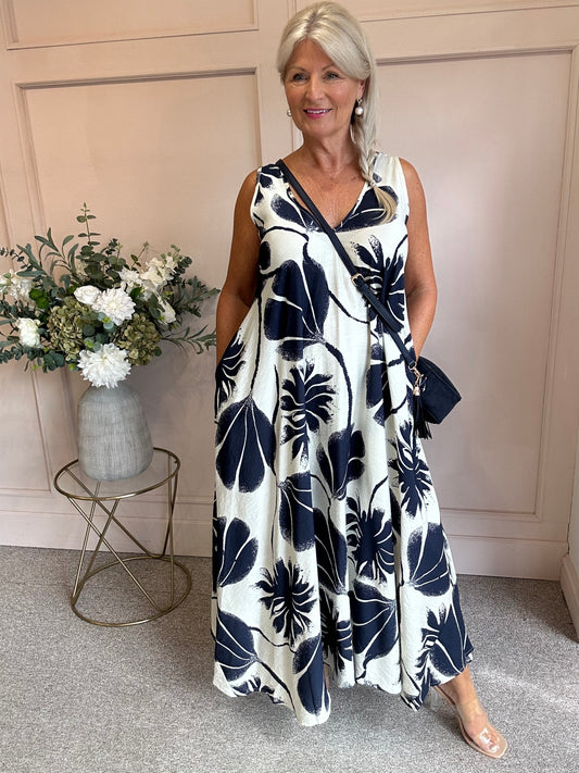 Bold Leaf Maxi Sundress - Navy/Cream - Wardrobe By Simone