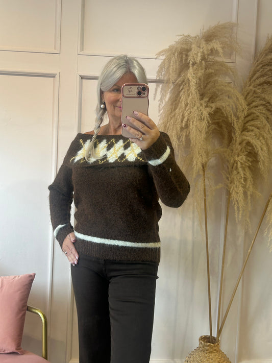 Off Shoulder Jumper - Brown/Mustard