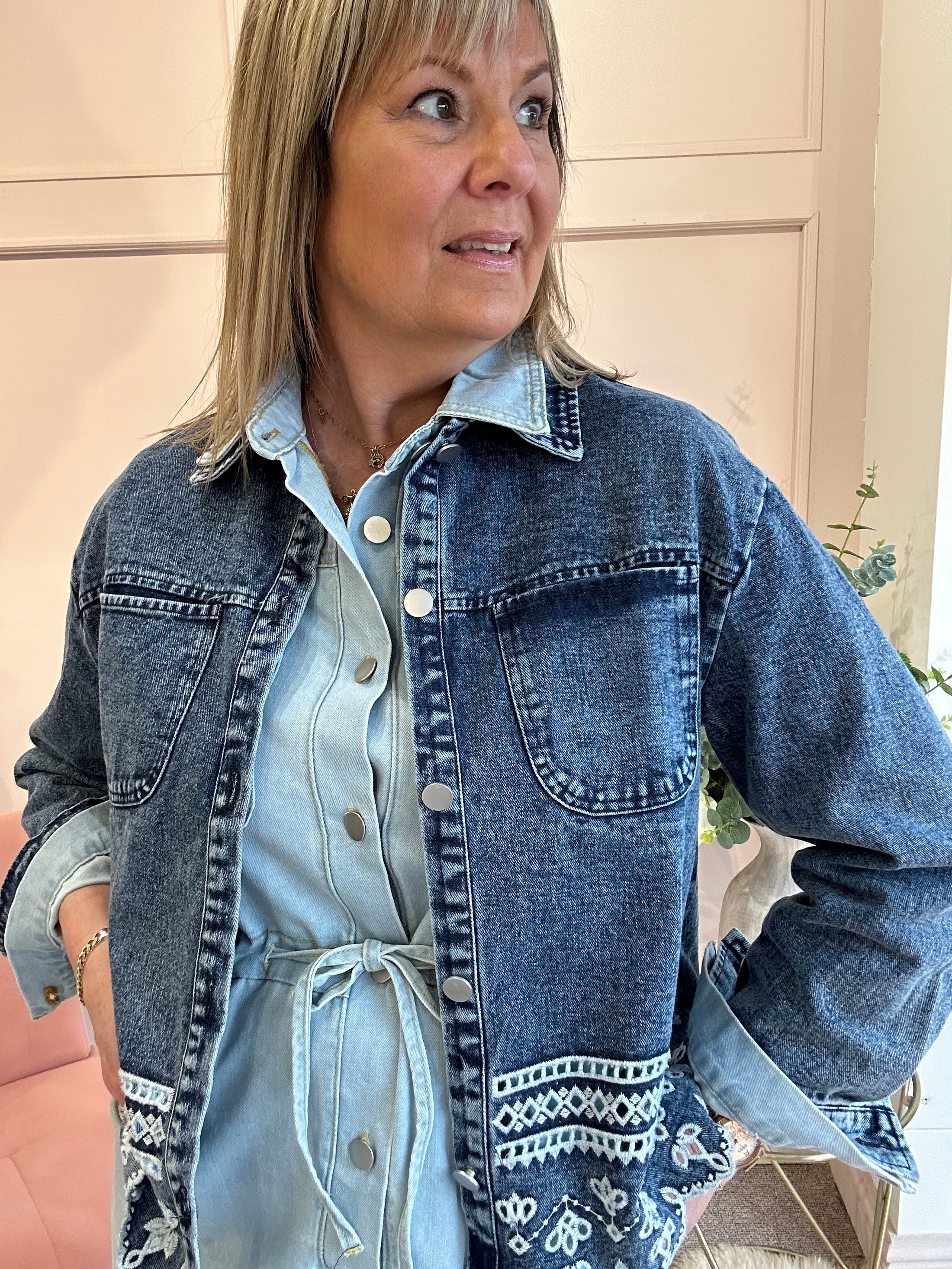 Embroidered Denim Jacket - Denim Blue - Wardrobe By Simone