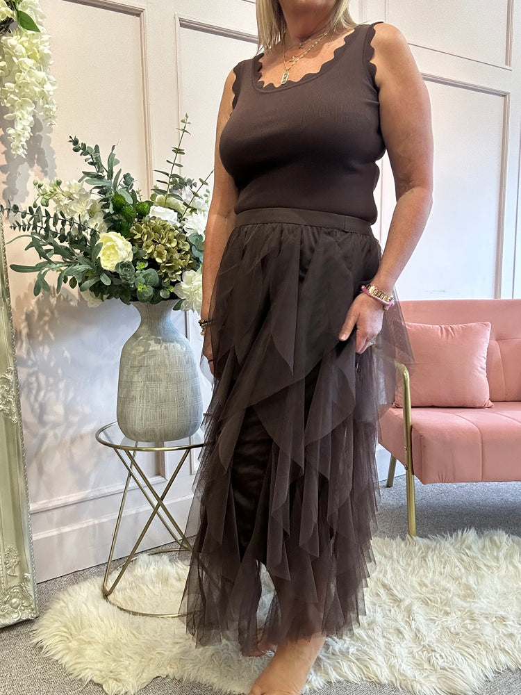 Pretty Tulle Net Tiered Skirt - Brown