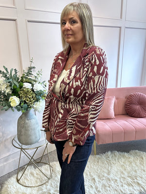Leafy Double Breasted Jacket - Burgundy/Cream