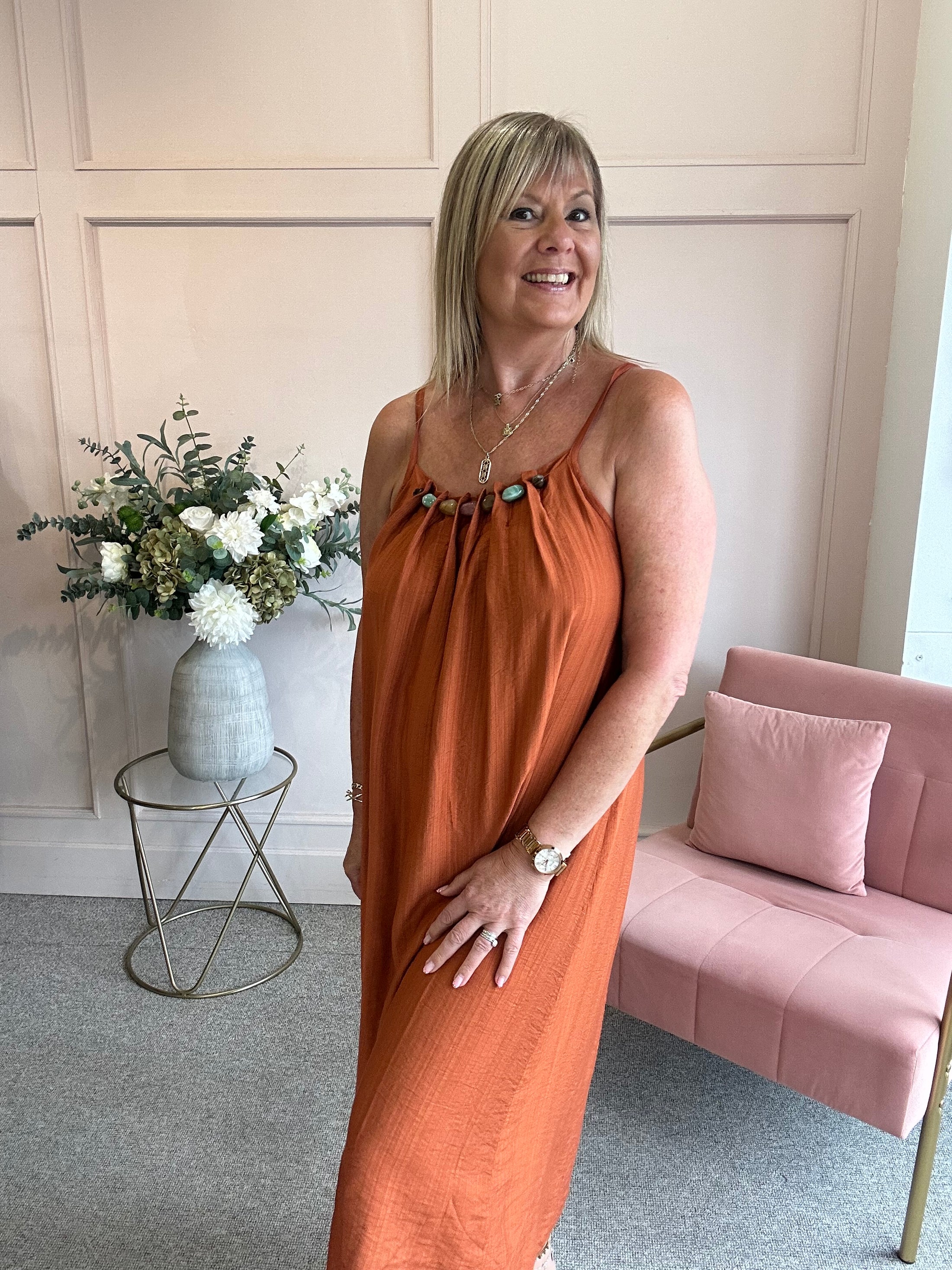 Beaded Strapy Sundress Dress - Rust