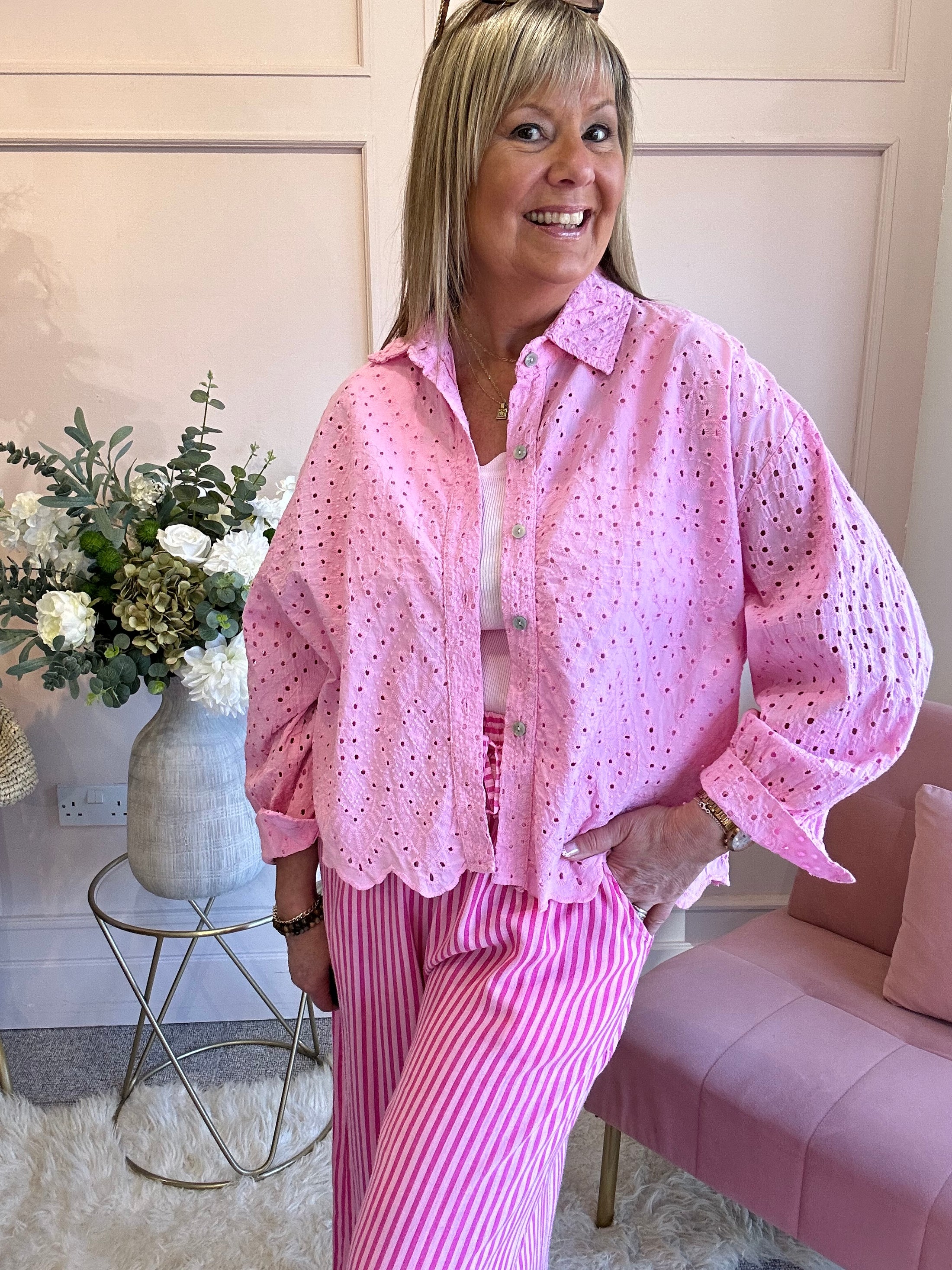 Broderie Anglaise Shirt  - Pink - Wardrobe By Simone