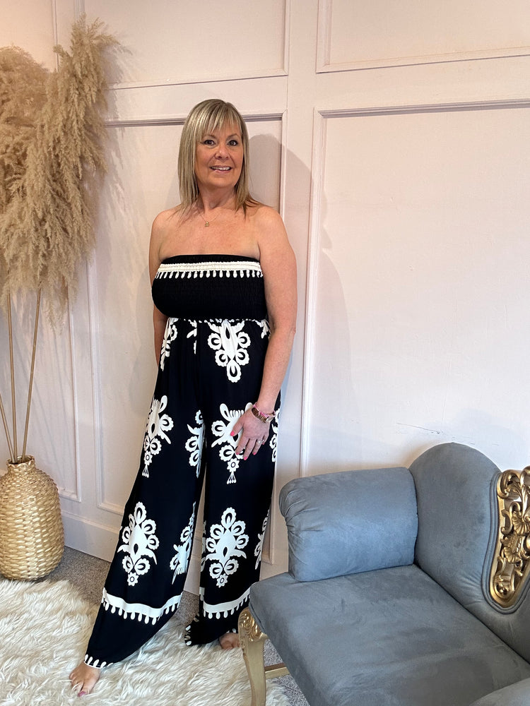Strapless Damask Jumpsuit - Black/Cream