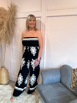 Strapless Damask Jumpsuit - Black/Cream
