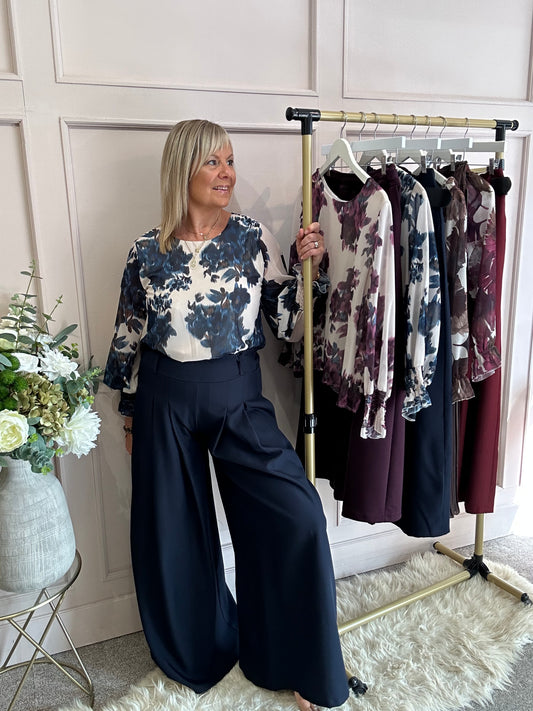 Wide Leg Pin tuck Front Trouser - Navy