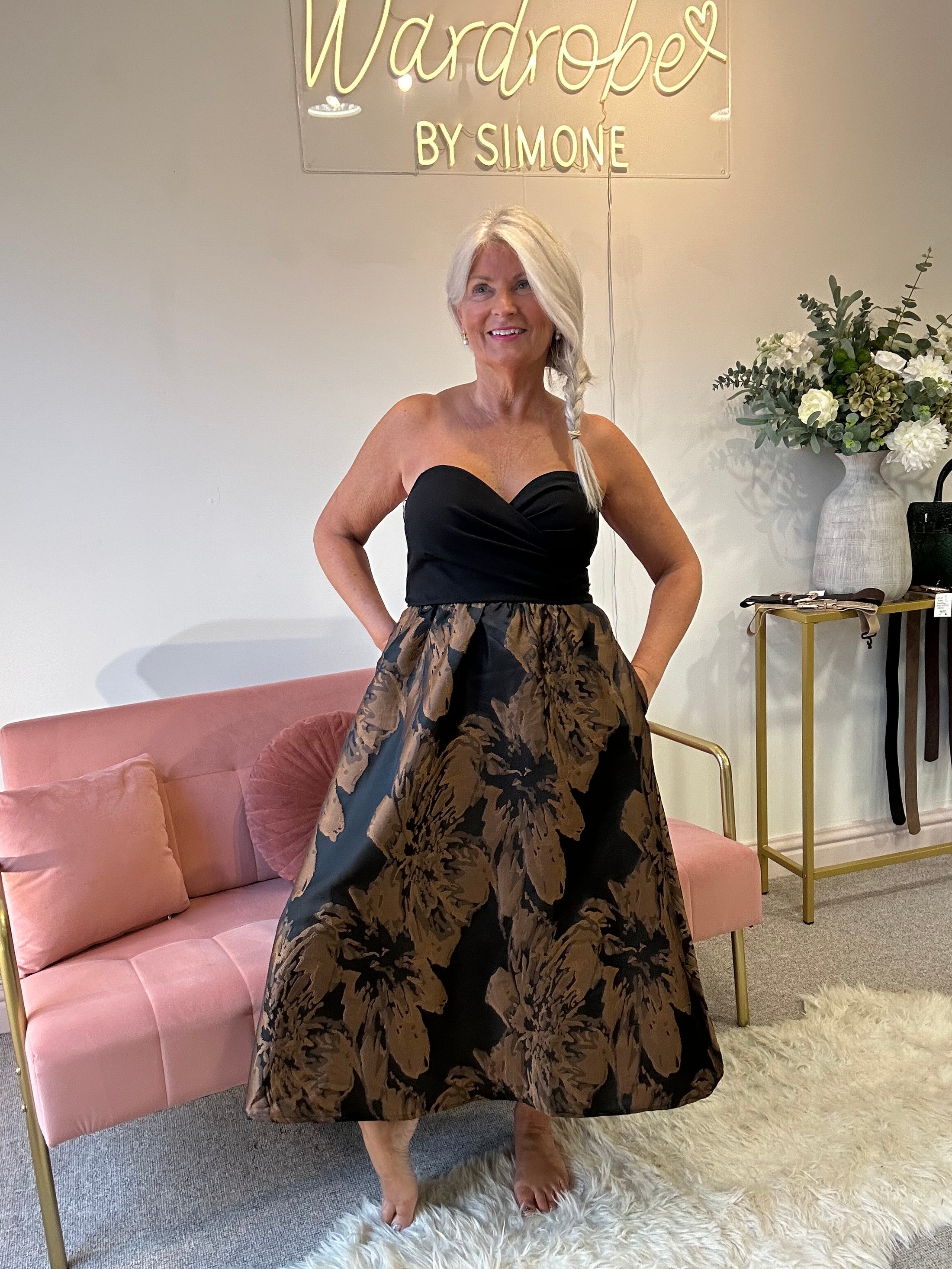 Brown Floral Bandeau Dress - Brown/Cream