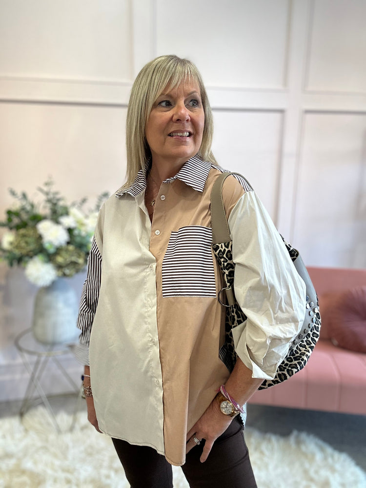 Striped & Panelled Oversized Shirt - Brown/White - Wardrobe By Simone