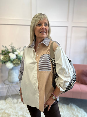 Striped & Panelled Oversized Shirt - Brown/White - Wardrobe By Simone