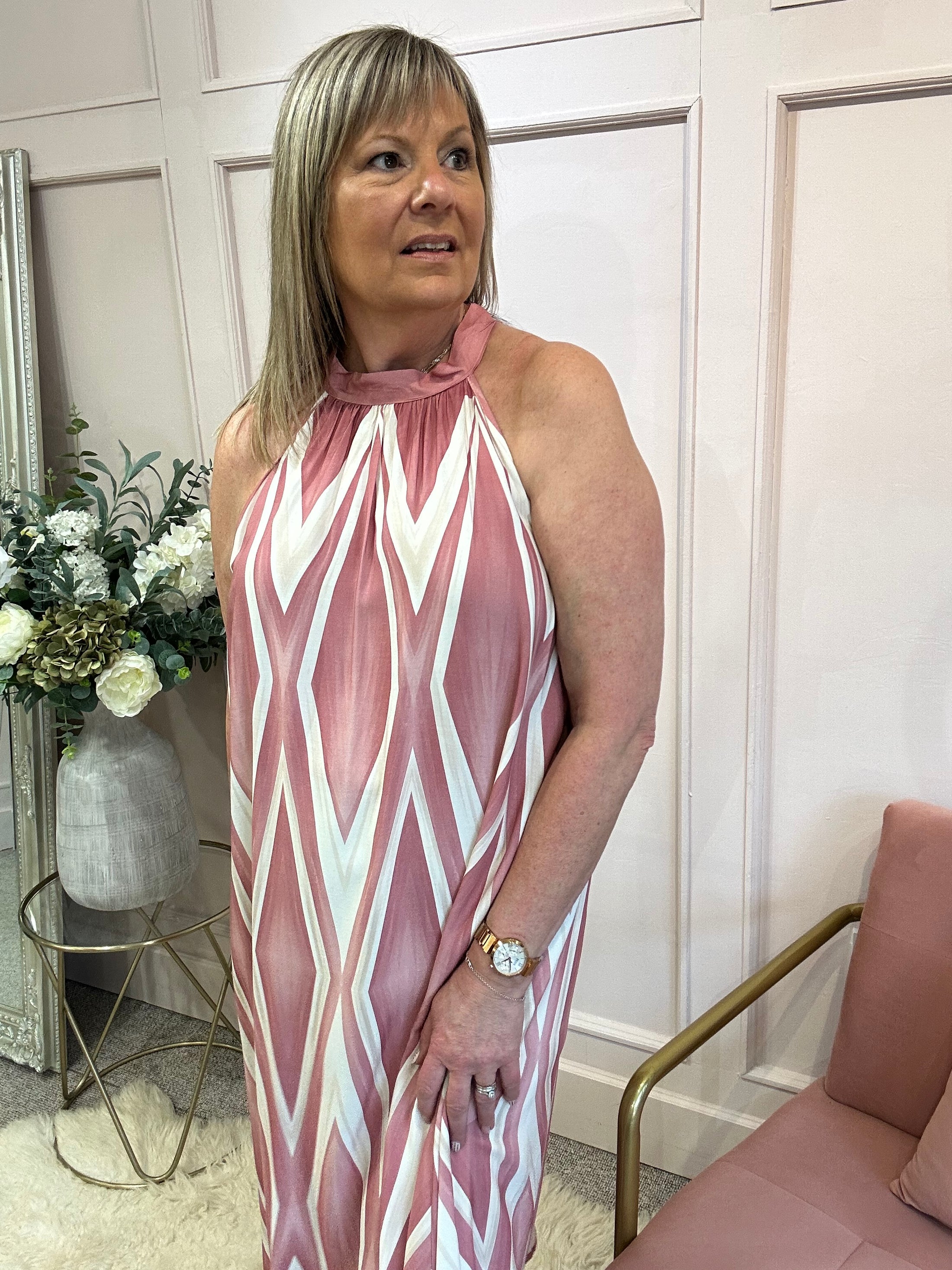 Halter Neck Maxi Dress - Pink/Cream - Wardrobe By Simone