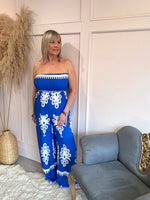 Strapless Damask Jumpsuit - Blue/Cream