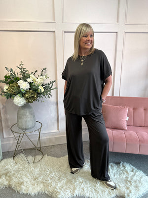 T Shirt & Wide Pant Lounge Set - Brown - Wardrobe By Simone