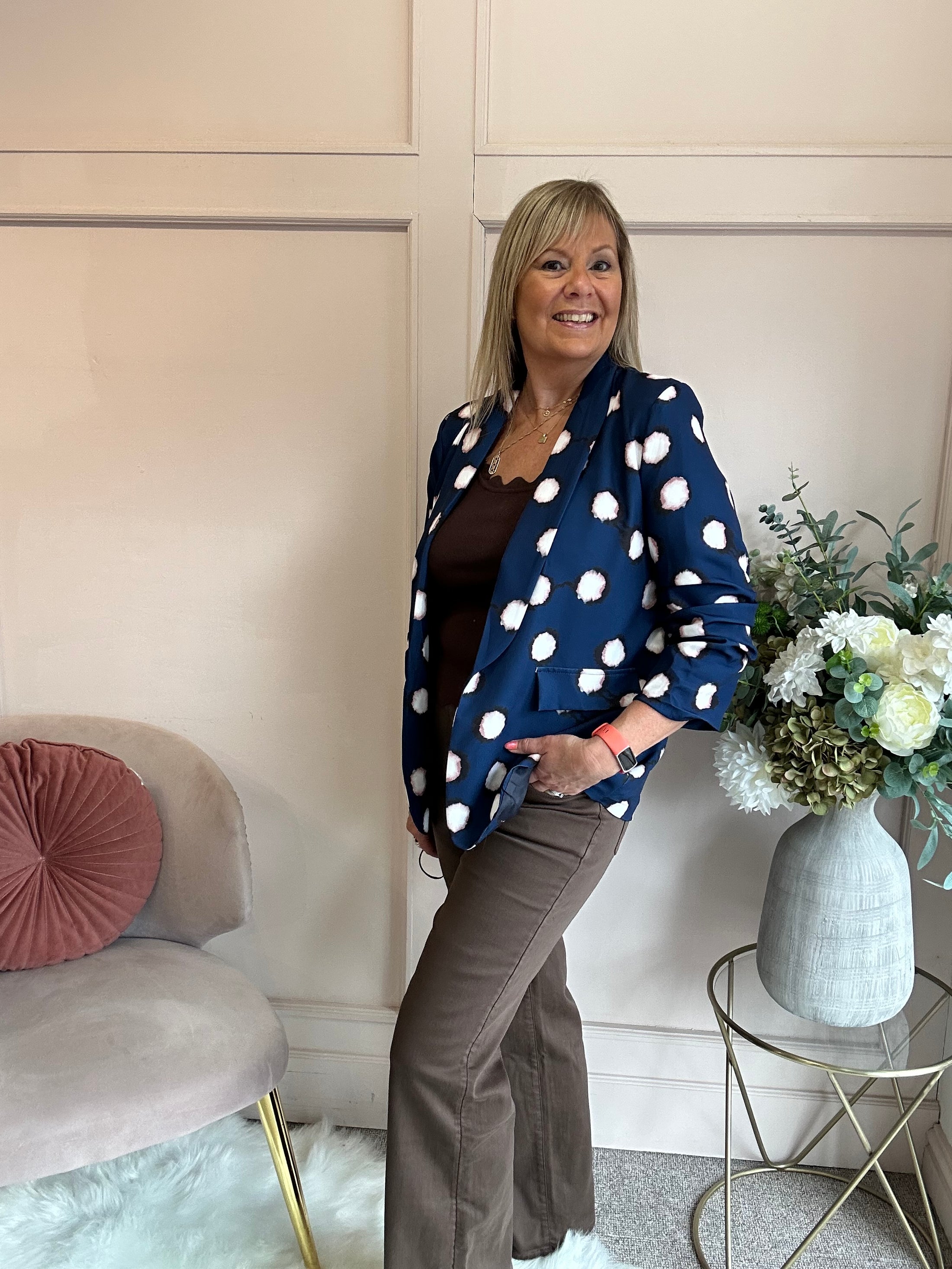 Spot & Ruched Sleeve Blazer - Blue/Cream