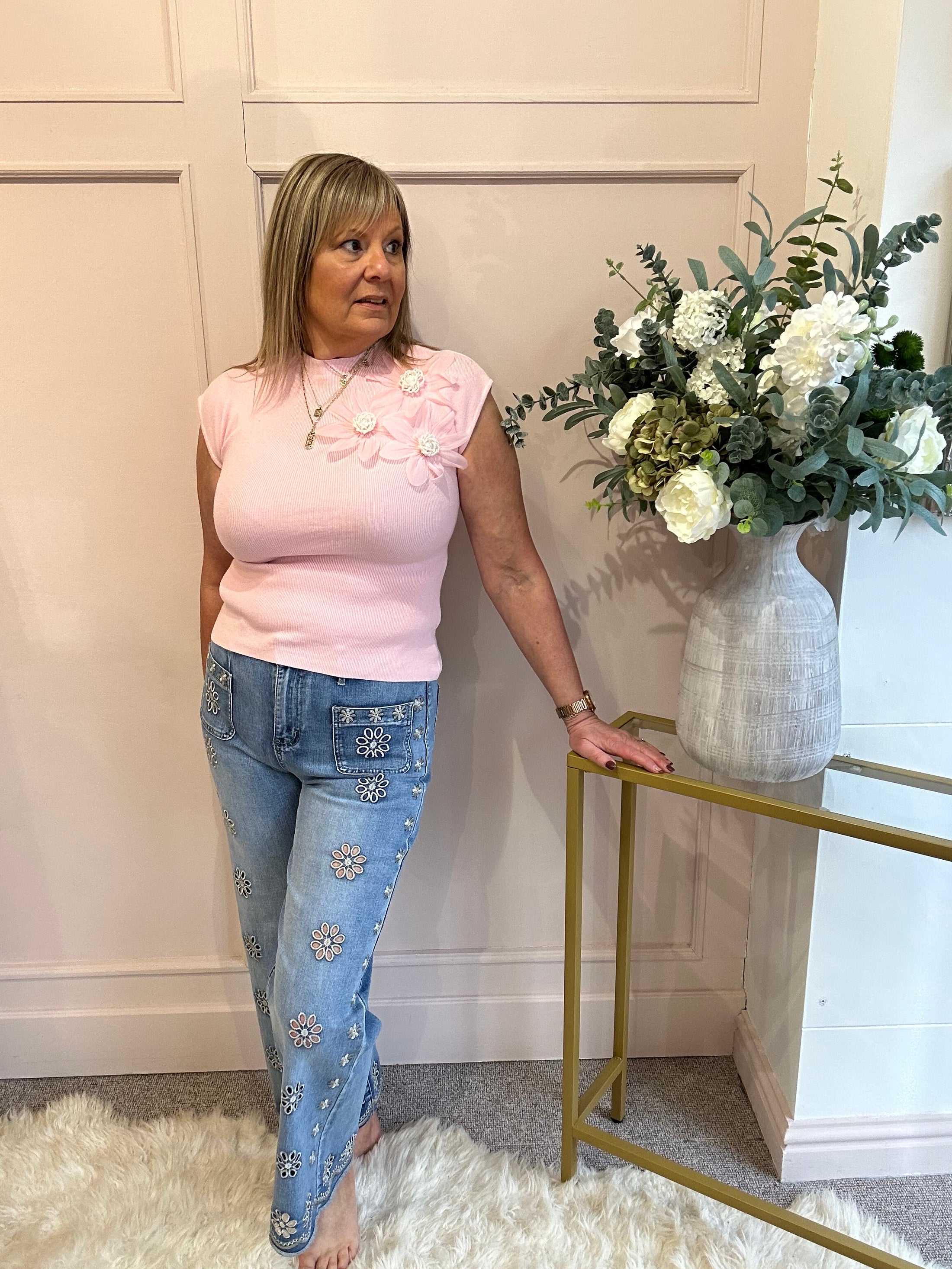 Flower Pearl Detailed Top  - Pink - Wardrobe By Simone