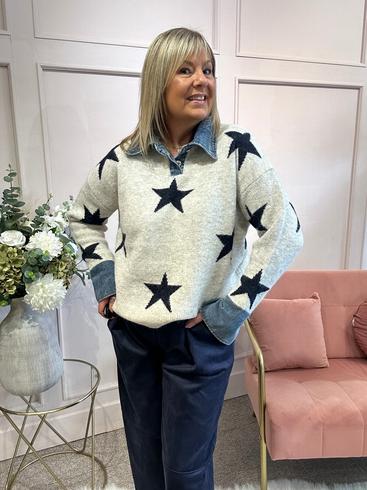 Stars & Denim Collar Jumper - Cream/Navy