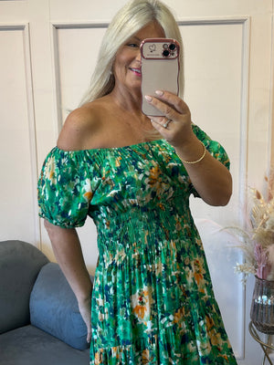 Floral Print Midi Dress - Greens - Wardrobe By Simone