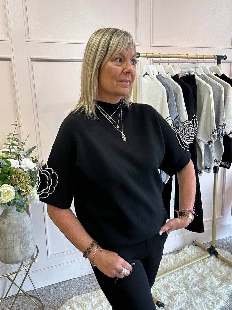 Crochet Rose Detail Jumper - Black