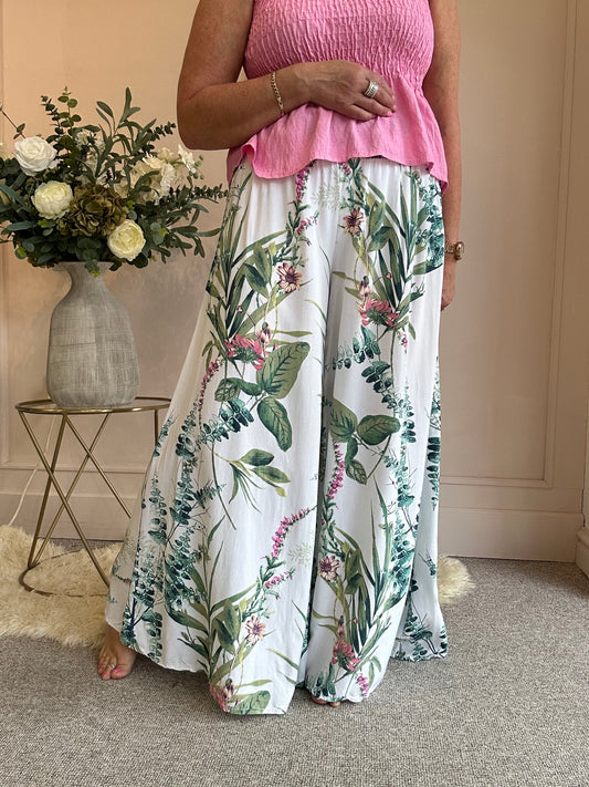 Botanical Palazzo Pant - White/Green - Wardrobe By Simone
