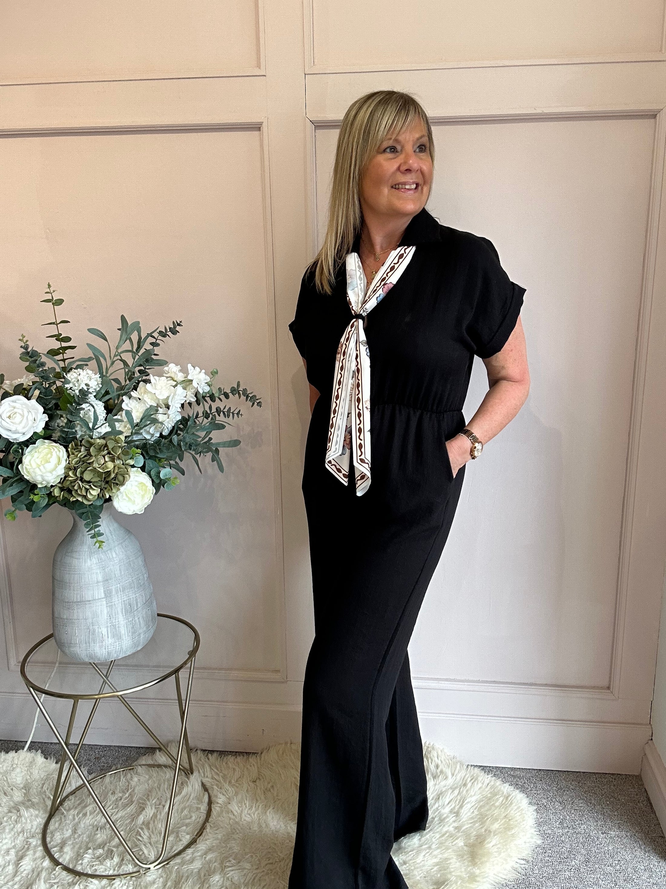 Collared With A Tie  Jumpsuit - Black - Wardrobe By Simone