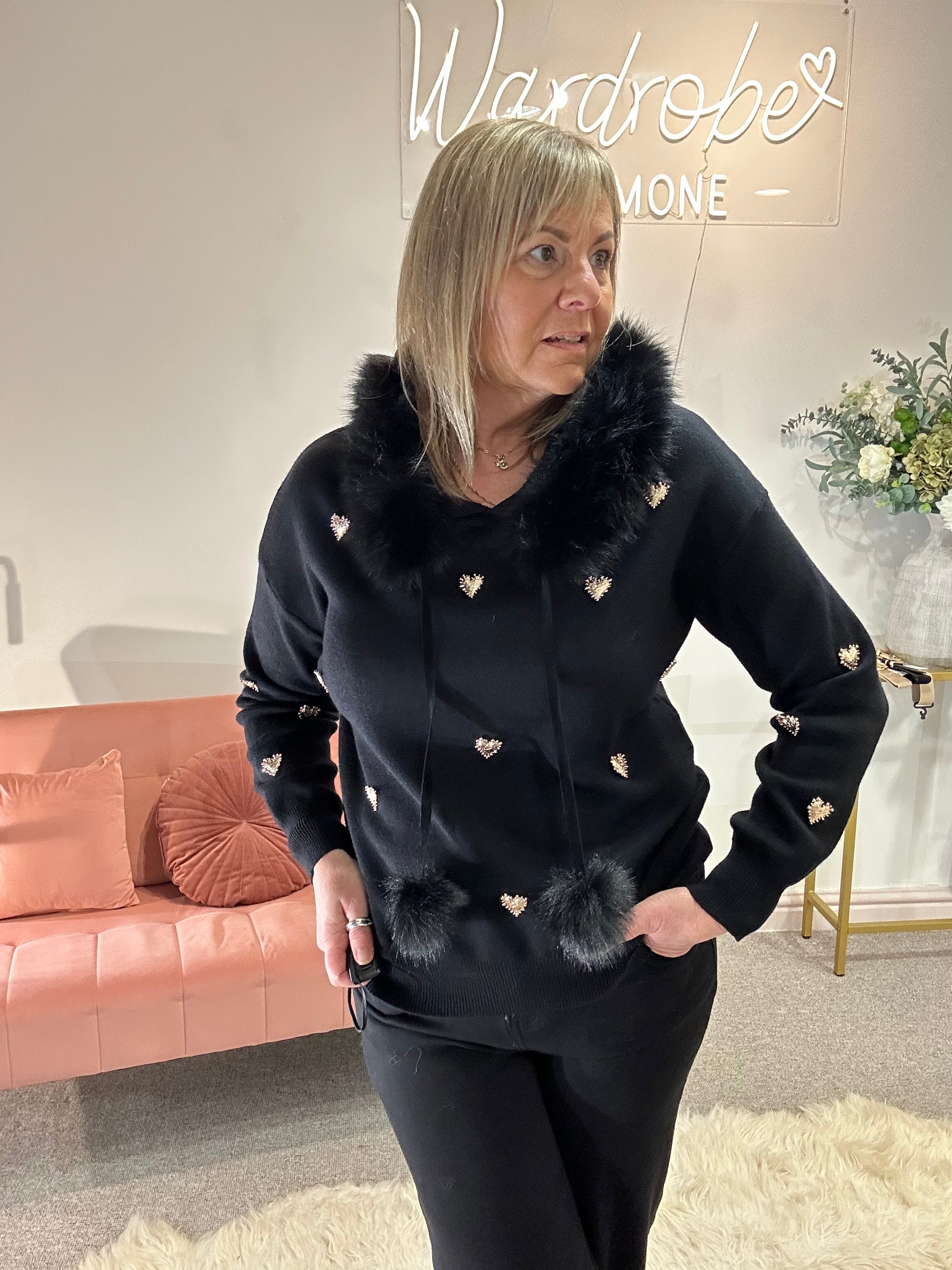 Gold Hearts & Fur Trim Hoody Jumper - Black