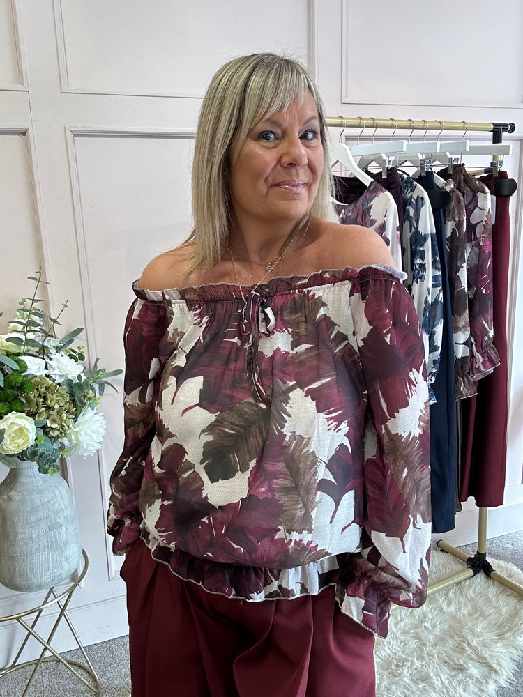 Leafy Ruffle Edged Top - Burgundy/Browns