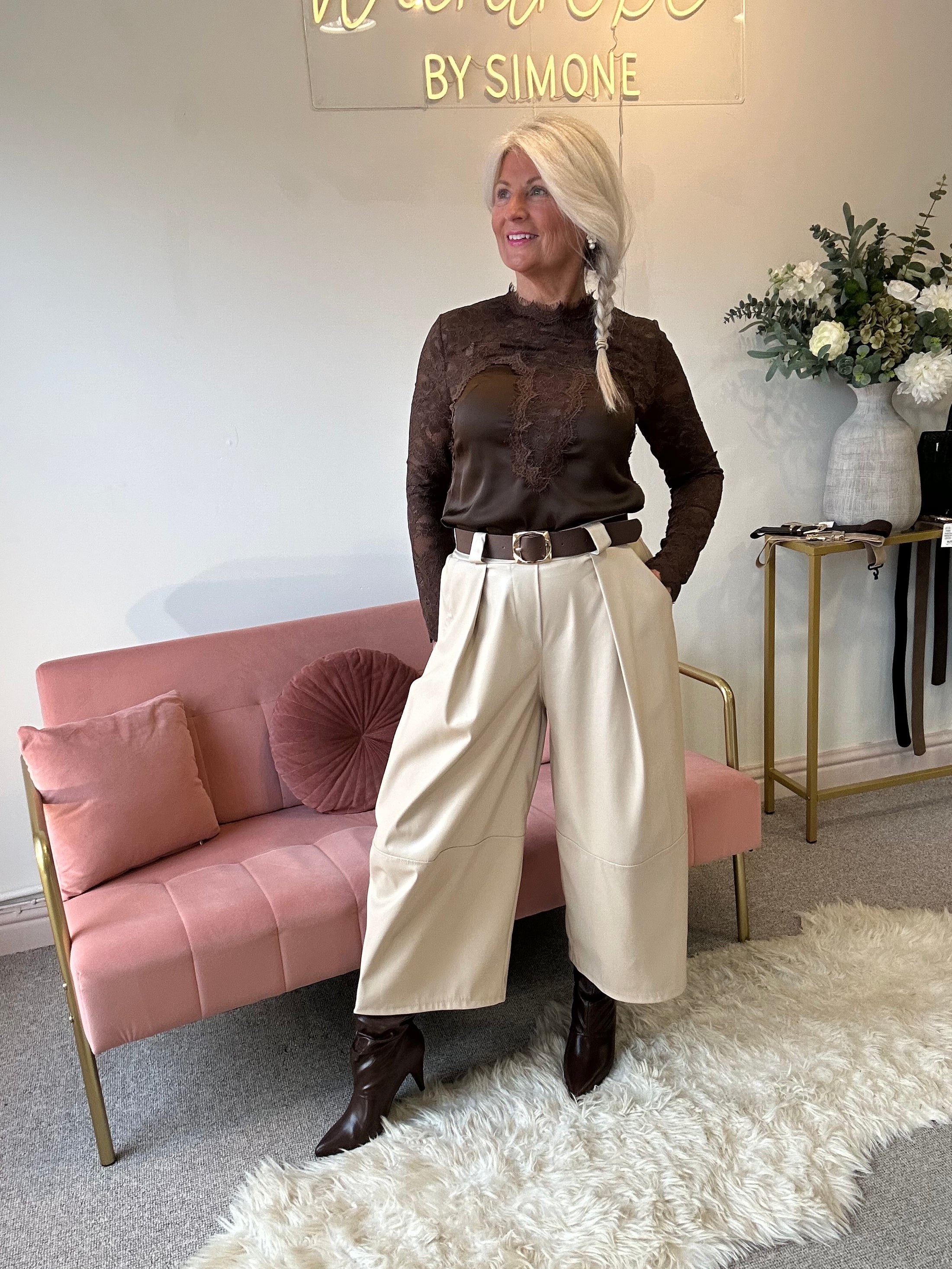 Lace & Satin Top - Brown - Wardrobe By Simone