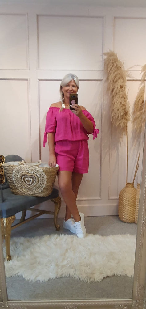 Linen Bardot Top & Shorts Playsuit - Pink