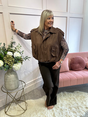 Suedette Sleeveless Jacket - Brown
