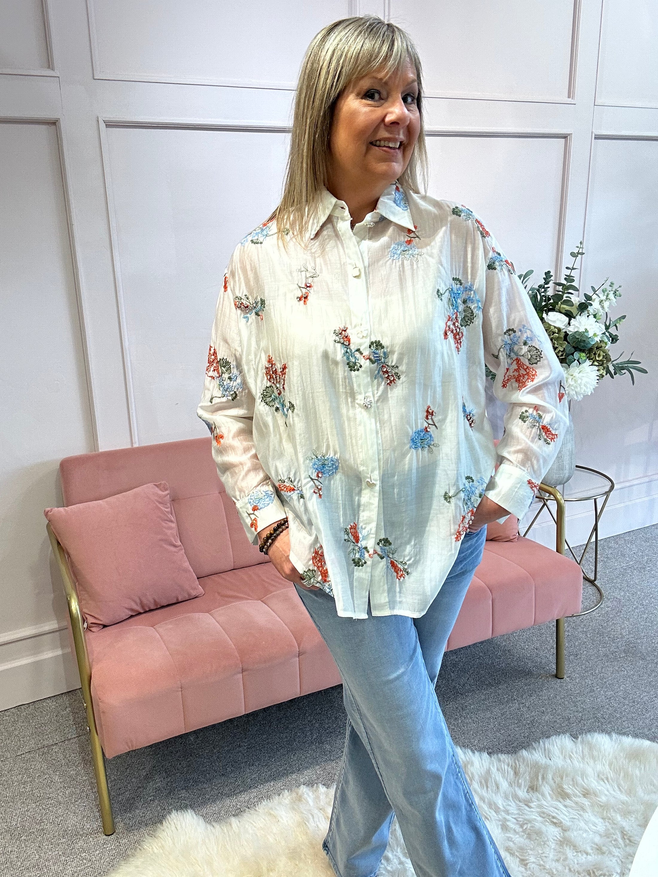 Embroidered Floral & Sparkle Shirt  - Soft Cream - Wardrobe By Simone