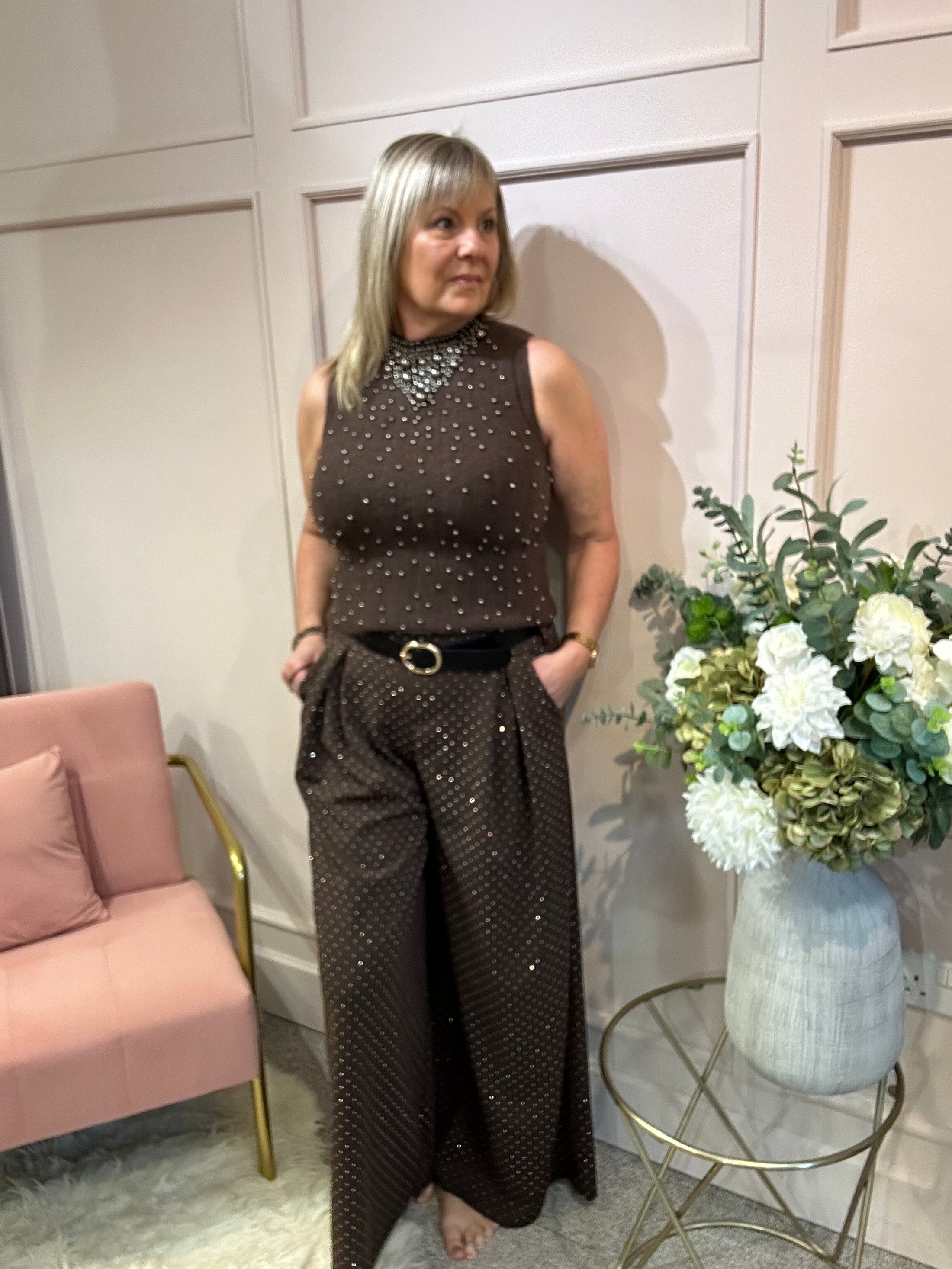 Beaded Sleeveless Knit Top - Brown