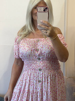 Ditsy Flowers Maxi Dress - Pink/White