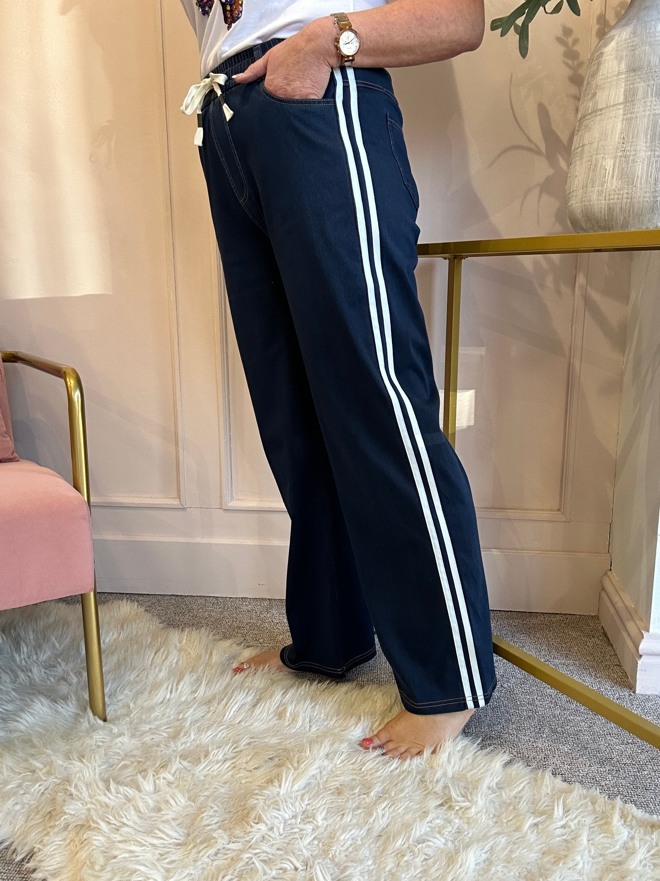 Wide Jogger Striped Edge Pant - Blue/White - Wardrobe By Simone