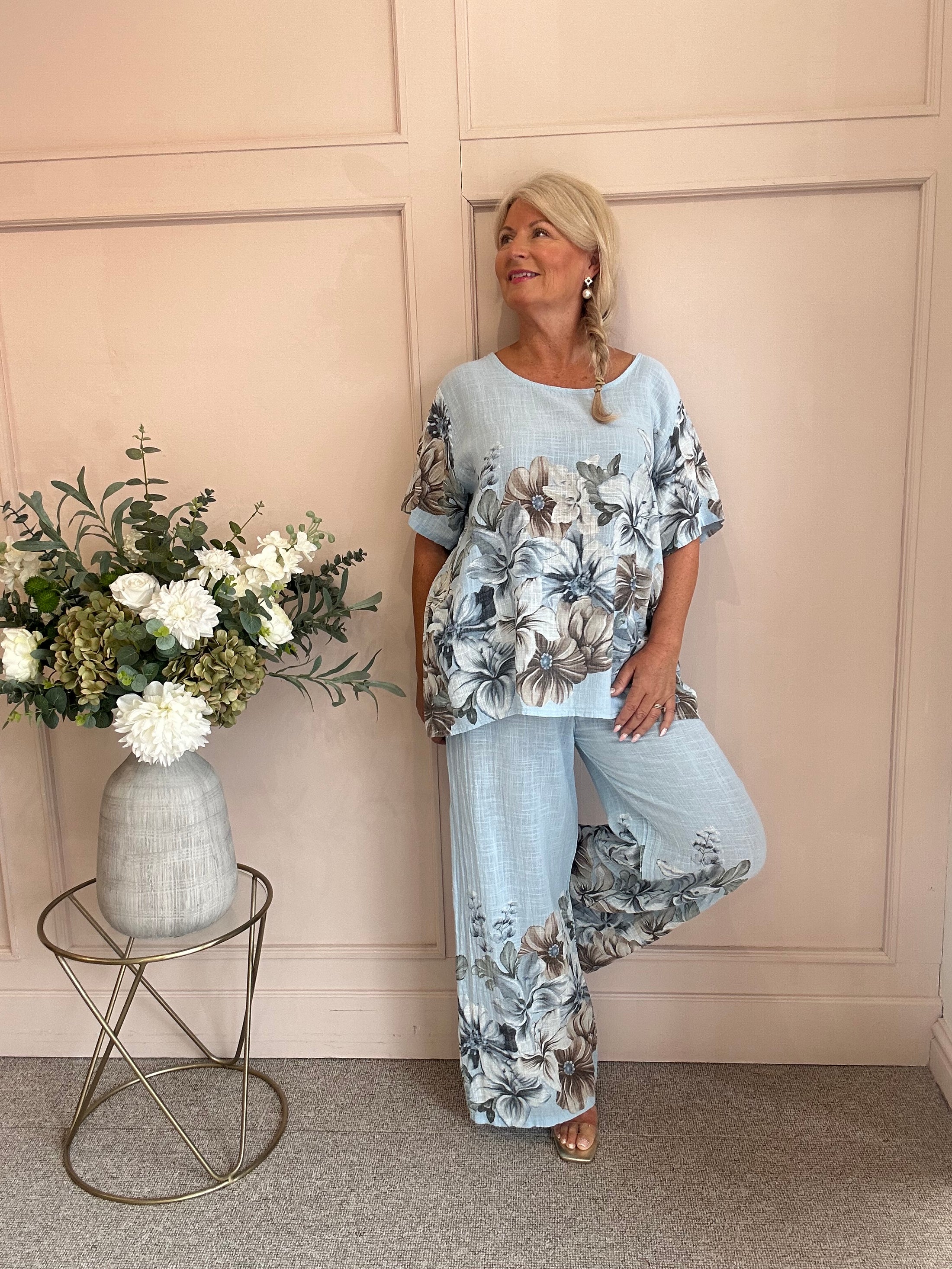 Flower Print Pants - Blue One size