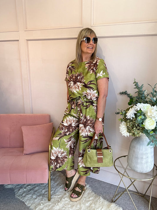 Tropical Top & Crop Pant Set - Olive Green/Brown - Wardrobe By Simone