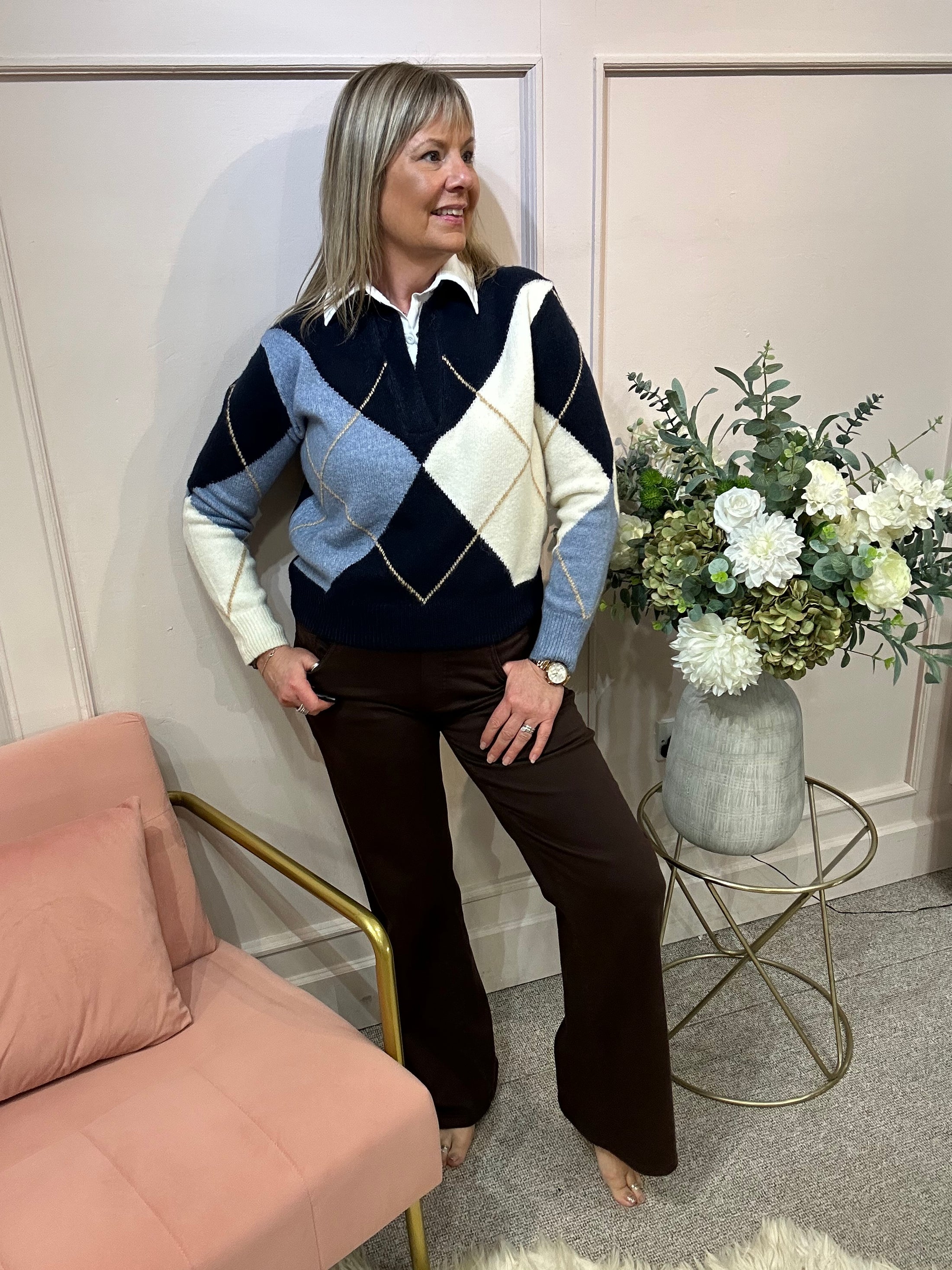 White Shirt Diamond Jumper - Cream/Blues